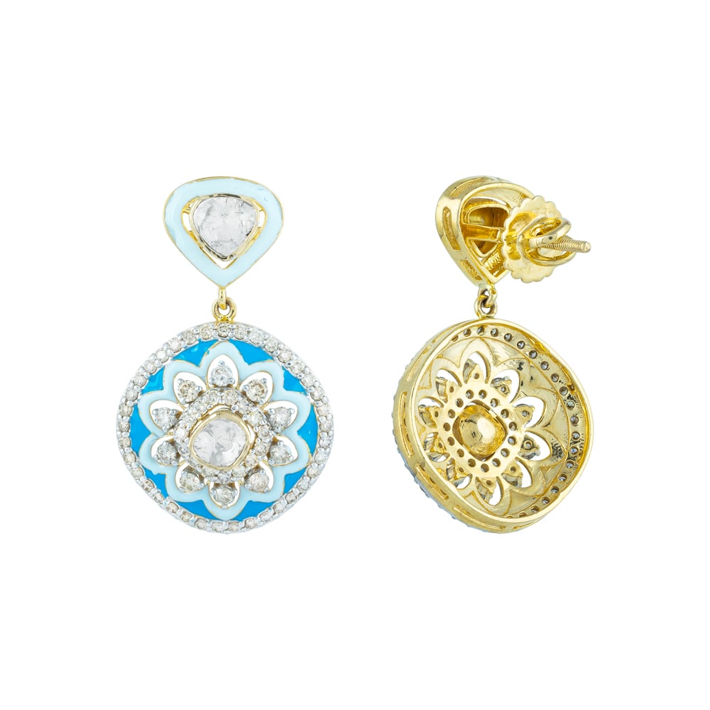 Blue Enamel Flower Polki Earrings with Diamond Halos